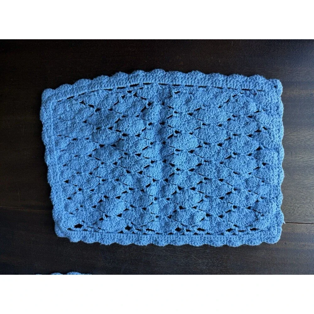 Set Of 8 Handmade Blue Crochet Placemats 17.5” X 11.5”
